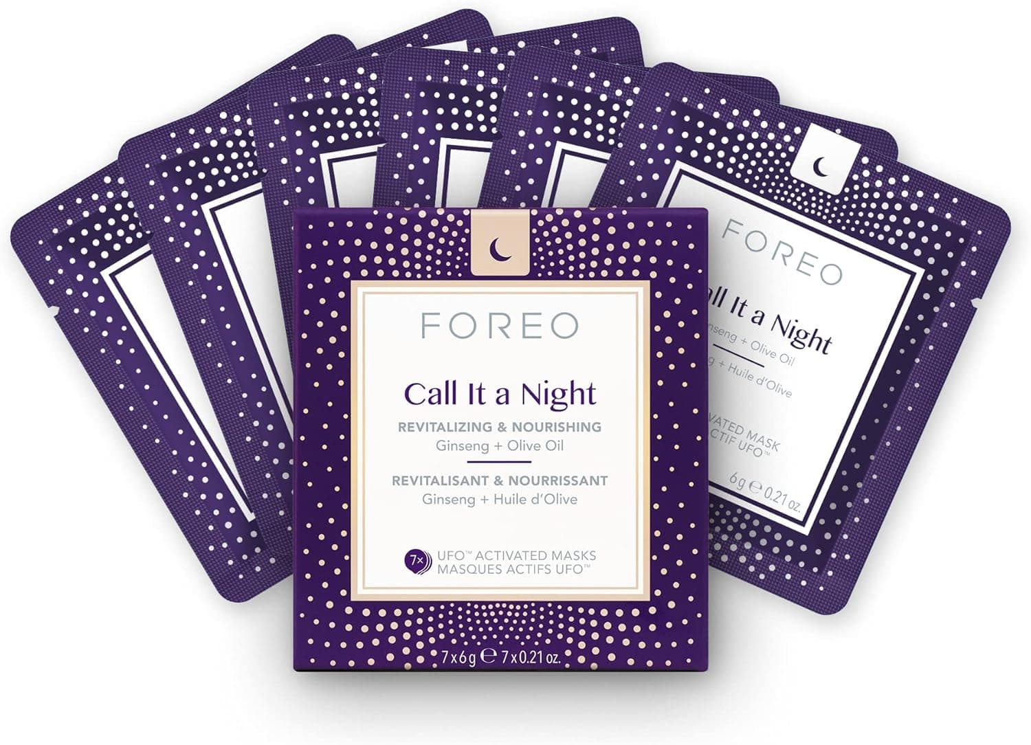 FOREO UFO Call it a Night, máscara facial ativa para pele seca e envelhecida, pack de 7, revitaliza e nutre, ginseng e azeite, cruelty free, compatível com todos os dispositivos UFO