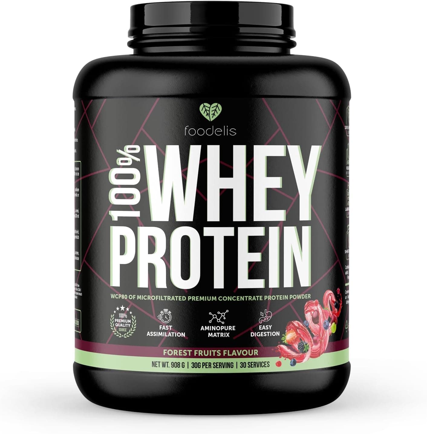 Foodelis 100% Whey Protein | Proteína de soro premium com glutamina natural e perfil completo de aminoácidos, máxima absorção e fácil digestão, sabor frutas da floresta, 908 g - 30 Doses