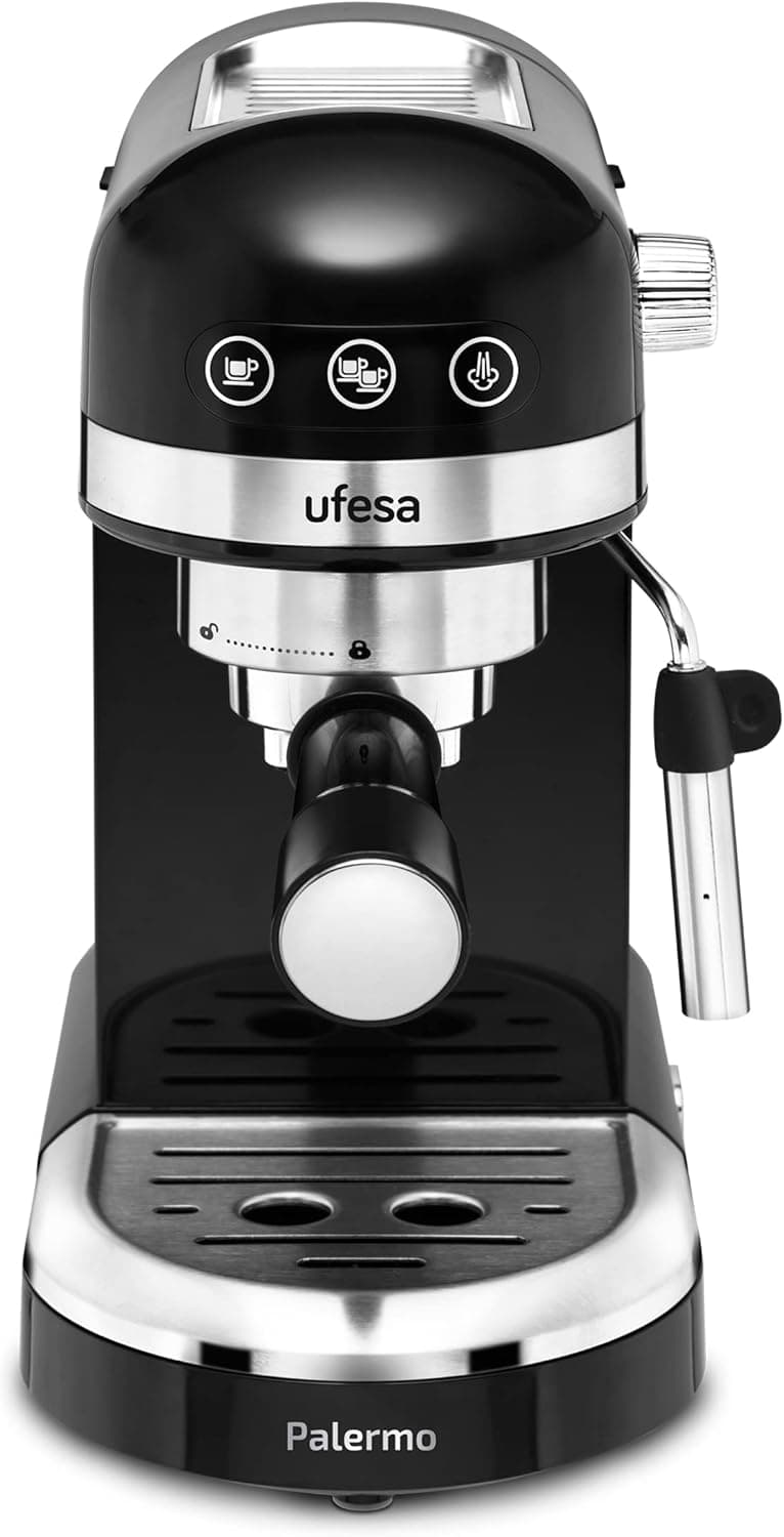 Ufesa Palermo Cafeteira expresso e capuz, 20 bares, 1350 W, painel de toque, vaporizador orientável, sistema Thermoblack, depósito 1,4 l, desligamento automático 