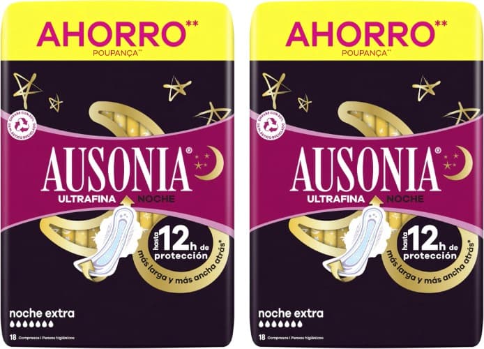 Ausonia Ultra Thin Extra Night | Pensos higiénicos noturnos com abas, dupla cobertura frente e verso, 18 unidades x 2