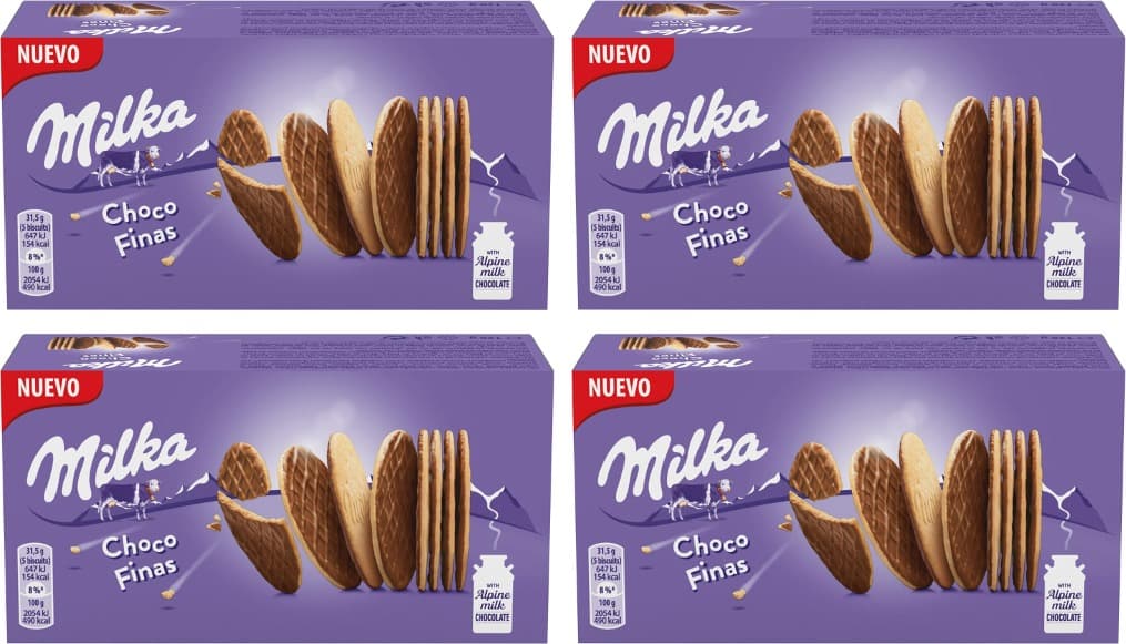 Milka Choco fino bolachas com chocolate com leite dos Alpes, 126g x 4