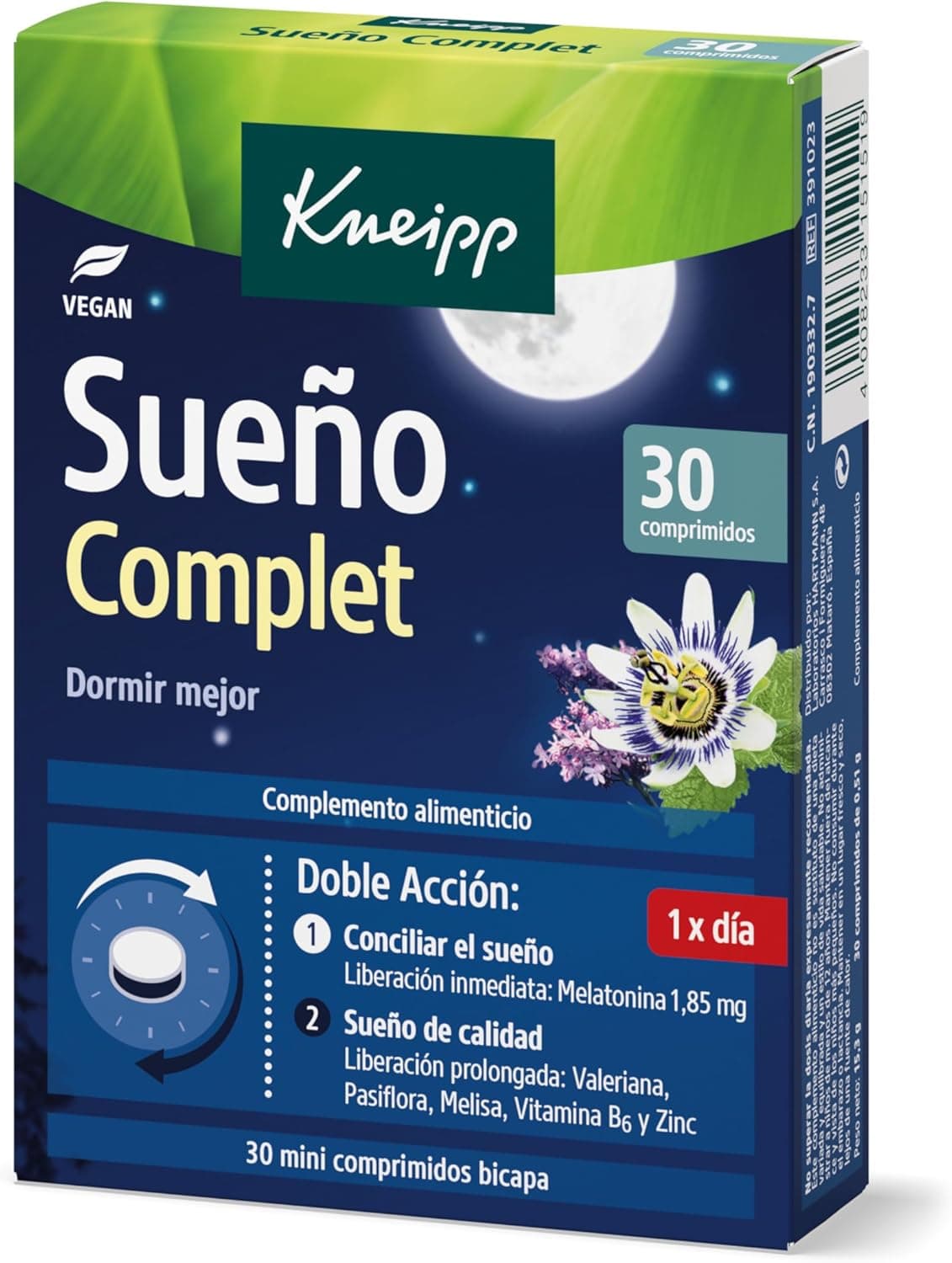 Kneipp Sono completo, tranquilizante natural para dormir, pastilhas de valeriana, passiflora e melatonina para a insónia, tecnologia bicamada para conciliar e manter o sono, 30 comprimidos (1,85 mg)