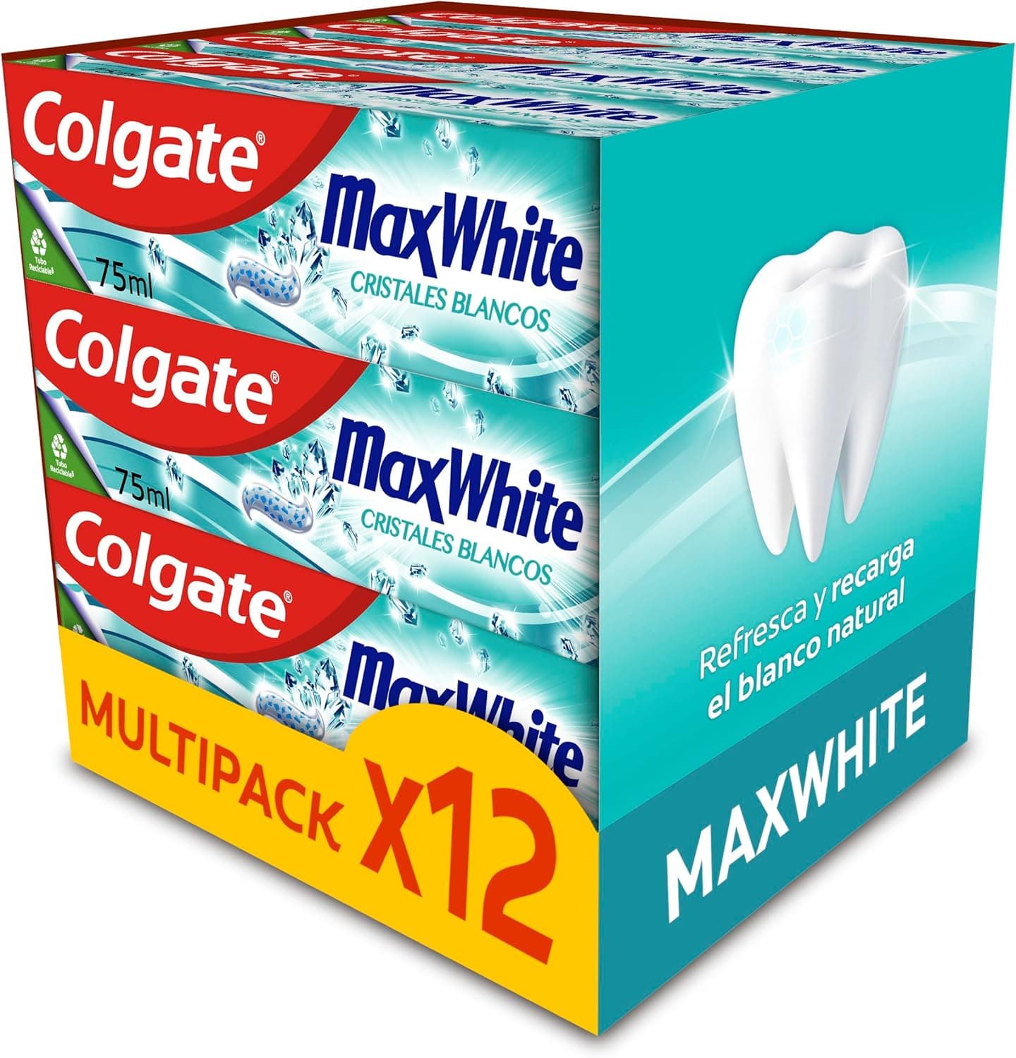 Colgate Max White Cristais brancos pasta de dentes branqueada, pack de 12 unidades x 75 ml, saúde bucal completa, dentífrico branqueador com proteção contra cáries, fôlego fresco