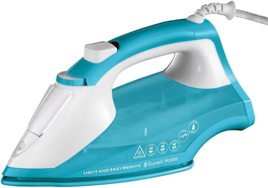 Russell Hobbs Ferro de roupa a vapor, 2400 W, golpe a vapor 115 g/min, Light&Easy Brights Aqua, cerâmica com condicionador, vapor automático, depósito 240 ml, anticalcário e anti-gotejamento, vapor 35