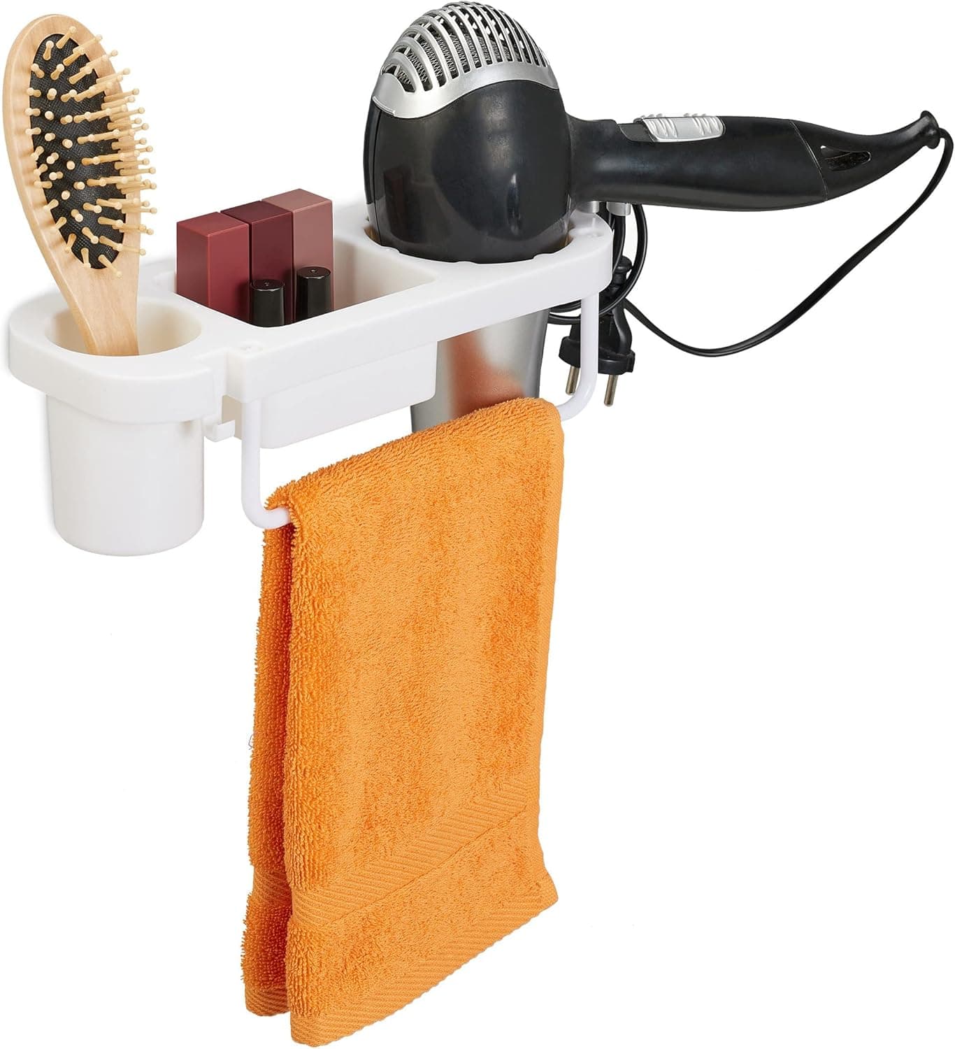 Relaxdays | Suporte de parede para secador de cabelo sem necessidade de furar com prateleiras e suporte para cabo