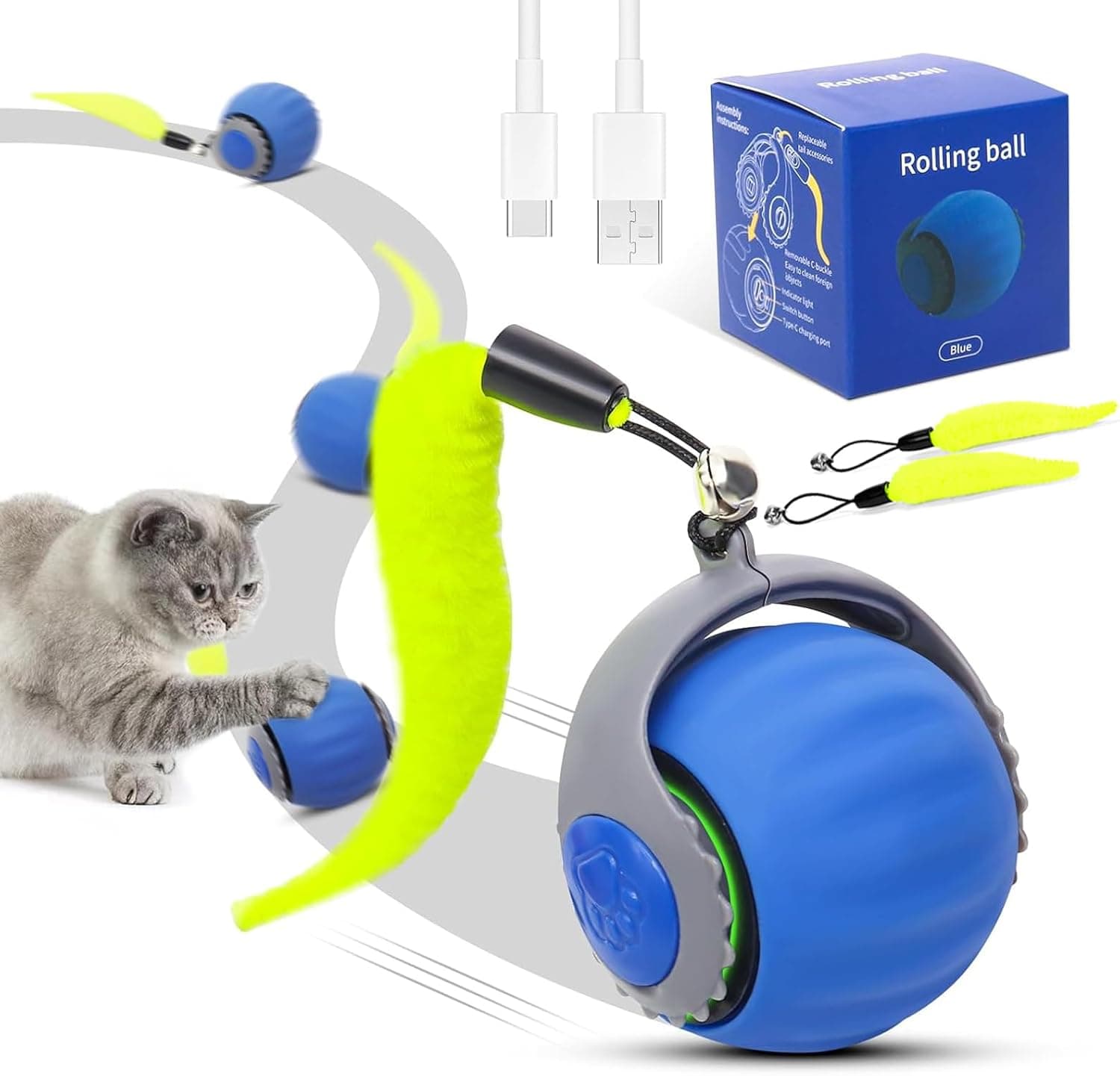 Starnearby Speedy Tail 3.0 | Bola elétrica interativa para gato com 2 caudas suplentes azul