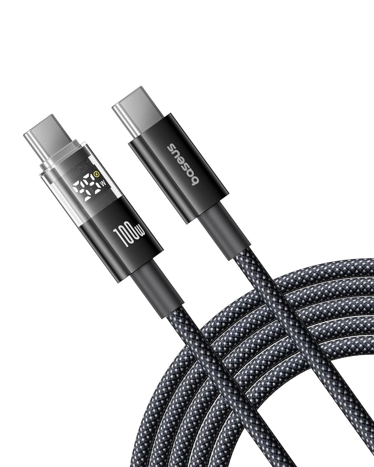 Baseus Cabo USB C com ecrã digital, cabo de carregamento rápido tipo C a C de 100 W com 480 Mbps, cabo trançado, compatível com iPhone 16/16 Pro/16 Pro Max/15, Samsung S24U, Macbook, Surface Laptop