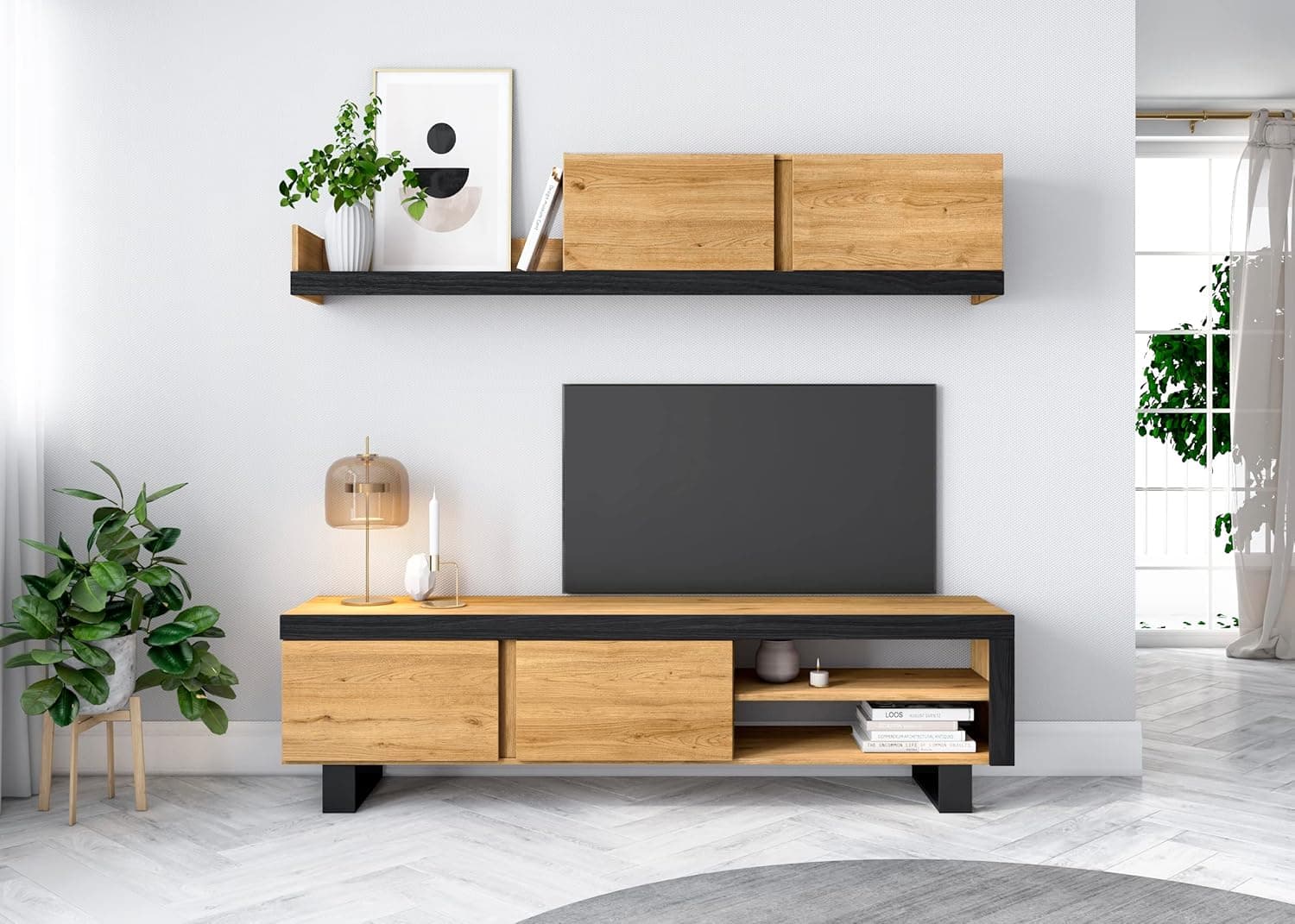 Skraut Home IDEM Naturale | Conjunto de móveis de sala moderno em carvalho nórdico e preto com unidade de parede e móvel TV, 200x180x40 cm