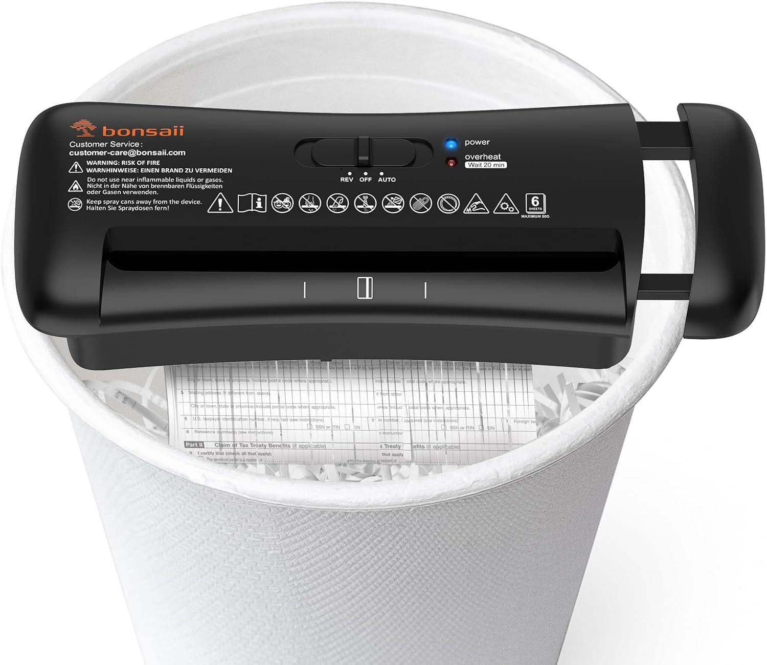 Bonsaii Triturador de papel, corte em tiras de 6 mm, até 6 folhas, compatível com caixote do lixo de 28 a 42 cm, destrói papel e cartões de crédito, proteção contra sobreaquecimento, compacto S119-A