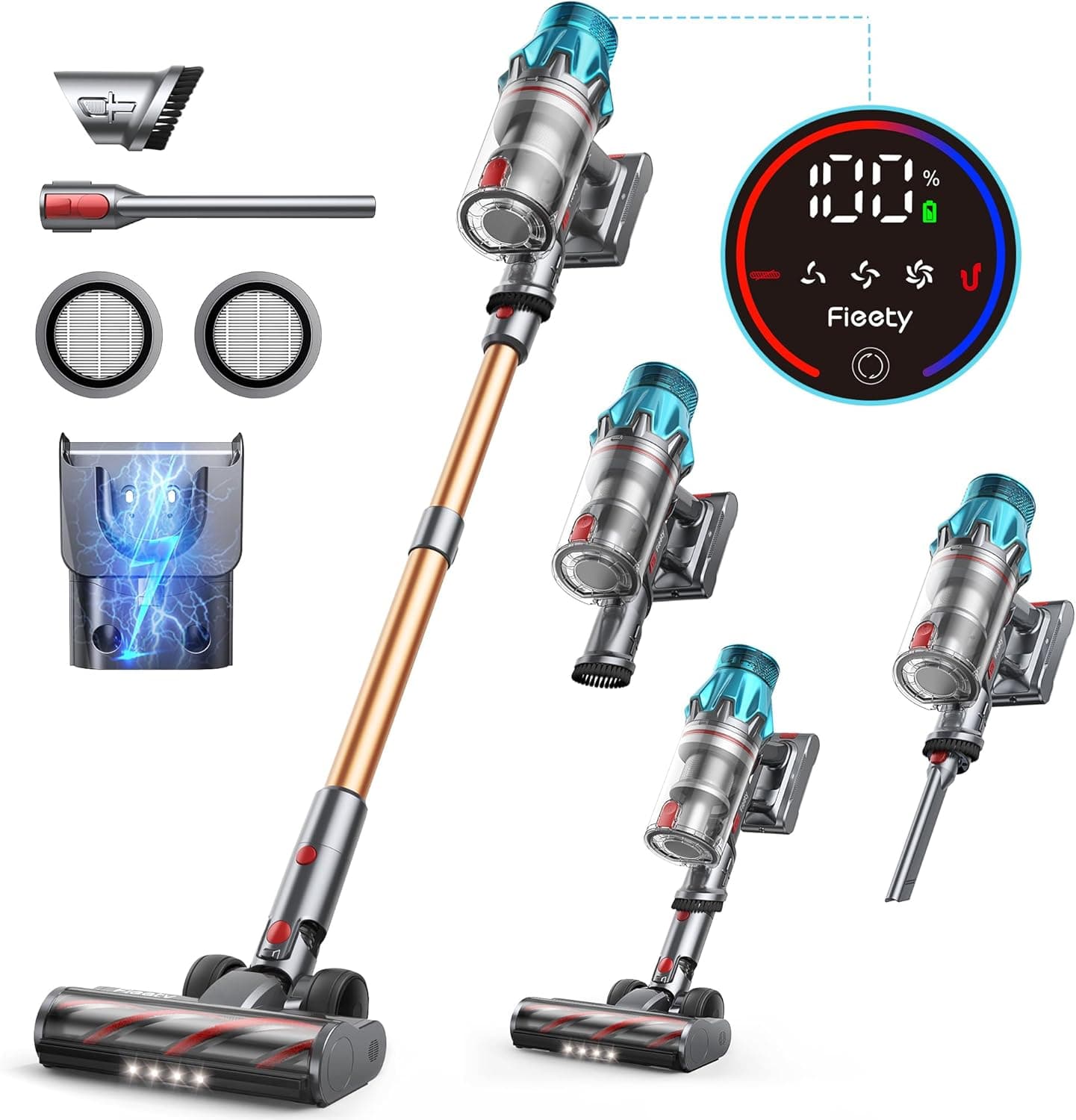 Fieety Aspirador sem cabo 45 kPa/550 w/60 Min vassoura aspirador sem cabo potente aspirador vertical com luz LED, aspirador anti-embaraçado LED ecrã tátil para chão/tapete, carregamento na parede