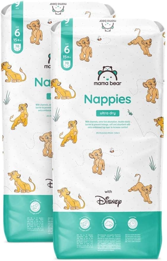 Fraldas Mama Bear Disney Ultra Dry da marca Amazon, tamanho 6 (15+ kg), brancas, 140 unidades, 2 embalagens de 70 - Embalagem mensal, embalagem mensal tamanho 6 (15+ kg)