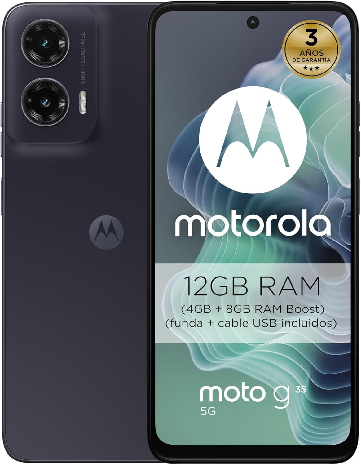 Motorola Moto g35 5G, 12 GB (4 GB + 8 GB RAM Boost)/128 GB cinzento, ecrã FHD 6,72 ", câmara dupla de 50 MP e ultra grande angular, Selfie 16 MB, bateria 5000 mAh, carregamento rápido de 18 W