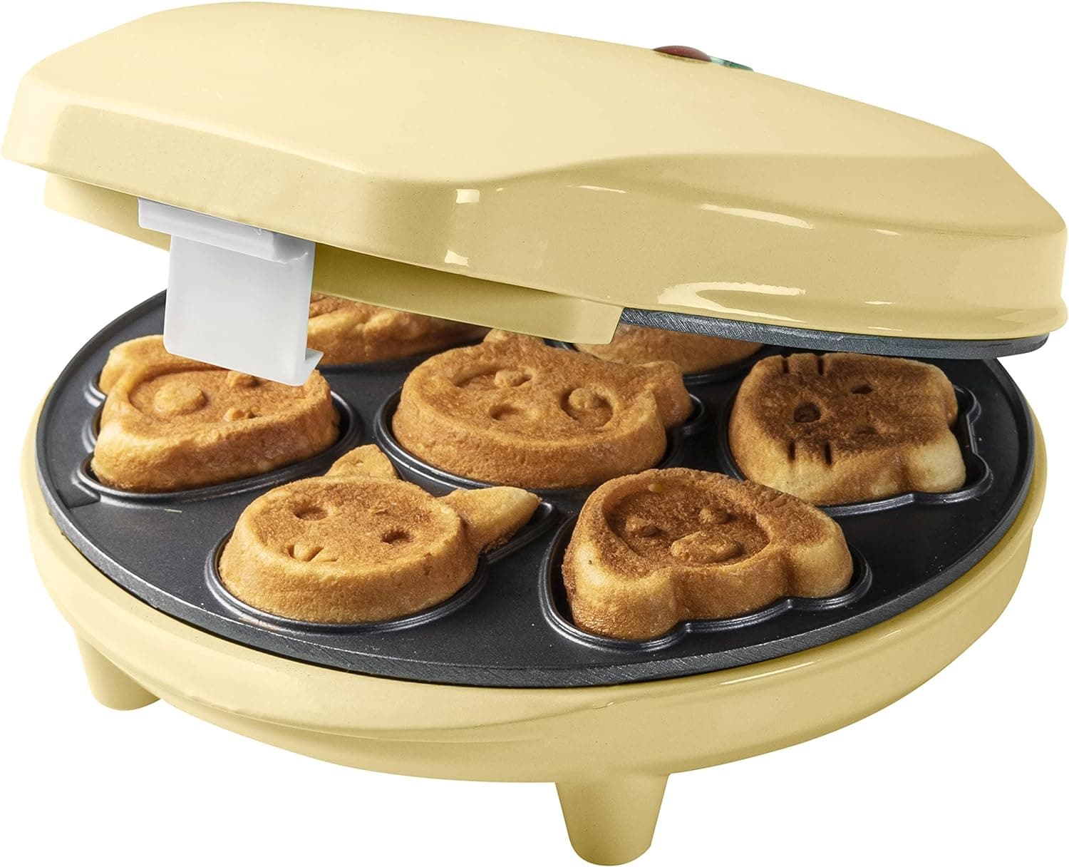 Bestron Gofrera para mini-cookies, mini bolachas com motivos para animais, porta-bolachas para mini-bolachas, com almofada para assar e revestimento anti-aderente, 700 W, cor: Amarelo
