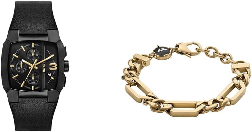 Diesel Relógio para homem Cliffhanger preto e pulseira de aço inoxidável prata, conjunto