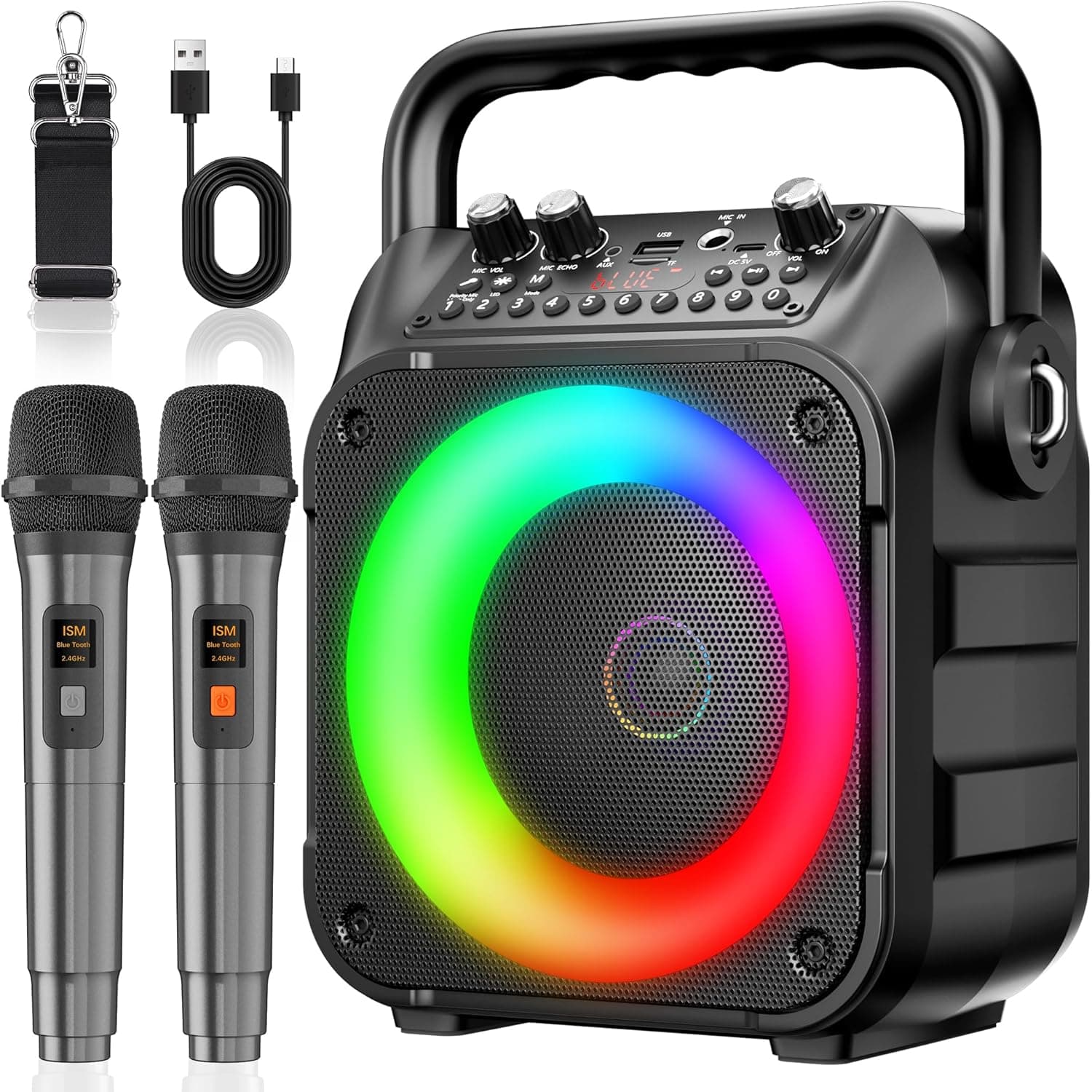 Ankuka Karaoke 2 Microfones Karaoke profissional altifalante Bluetooth portátil com 1 microfone sem fios e 1 microfone com cabo, suporta Bluetooth/TF/USB/AUX/FM/TWS (preto-branco)