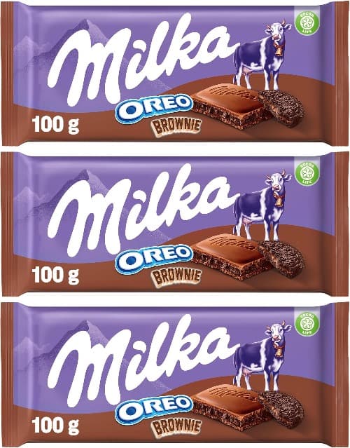 Milka Oreo Brownie Tablet de chocolate com leite dos Alpes com pedaços de bolacha ouro com textura de bolo de chocolate Brownie 100 g x 3