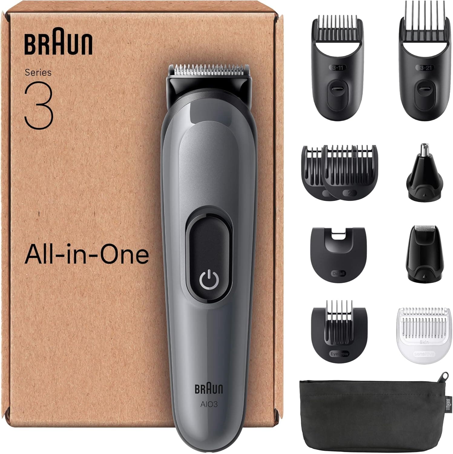 Braun Aparador tudo em um série 3 AIO3565, kit de Styling 11 em 1 em 14 comprimentos, máquina de cortar cabelo com automonomia de 50 minutos, corta-pelos para homem, corte fácil e rápido, Cinzento