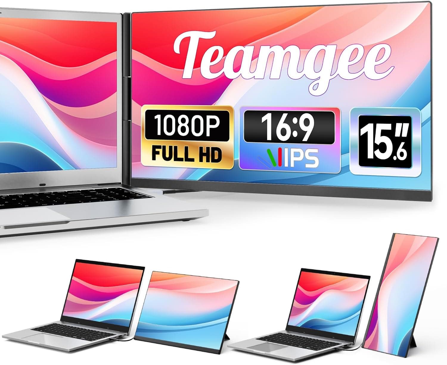 Teamgee 15.6" Portable Monitor, 1080P FHD IPS Laptop Screen Monitor Compatible 13"-17" Laptops, Bezelless Slim Screen Extender with Detachable Stand, Plug-Play for Mac Dual 15.6"