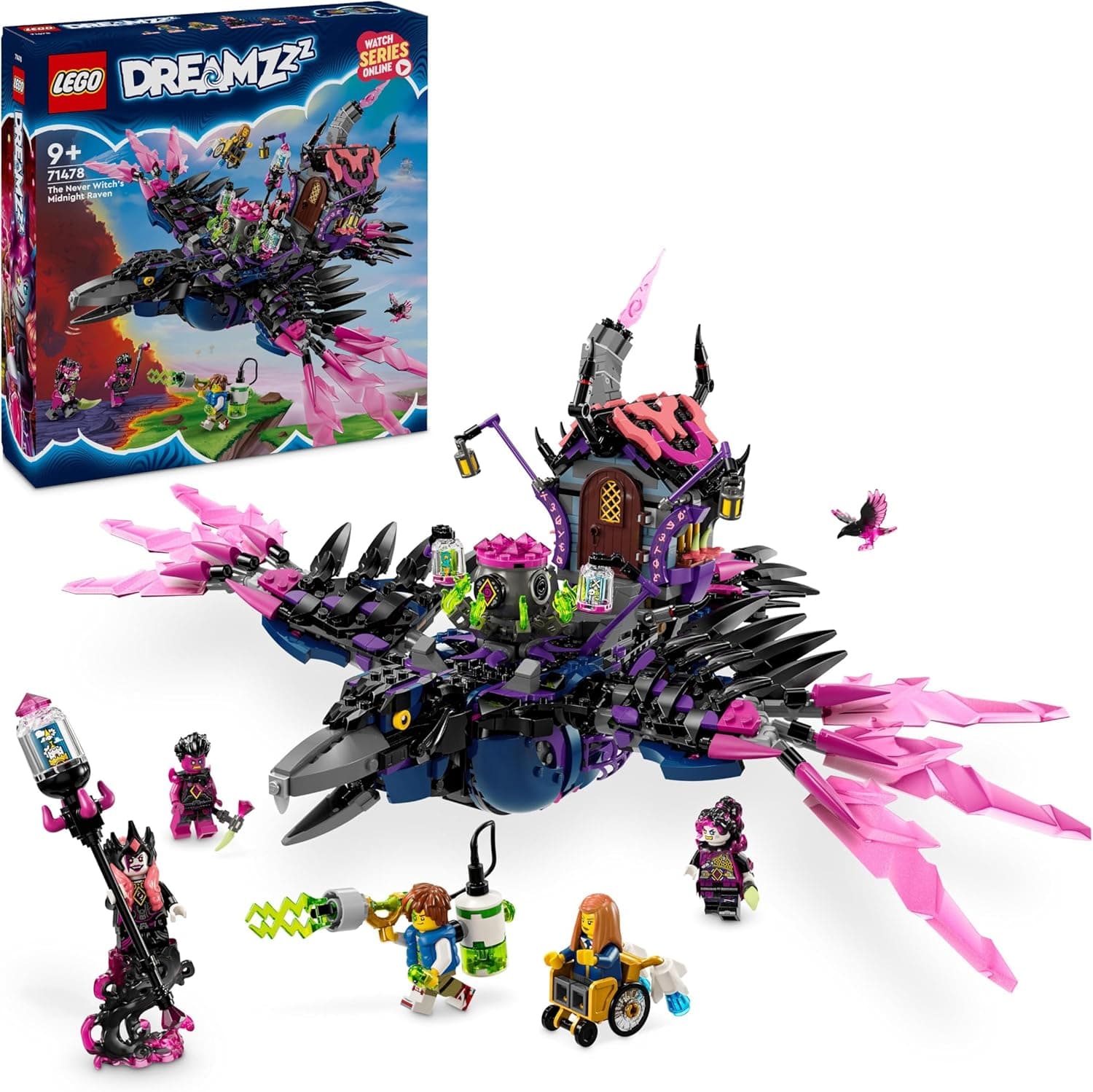 LEGO DREAMZzz Corvo de meia-noite da bruxa nunca com animais e casa de brinquedo conversível com figura de aranha e pássaro, presente para meninos e meninas de 9 anos ou mais