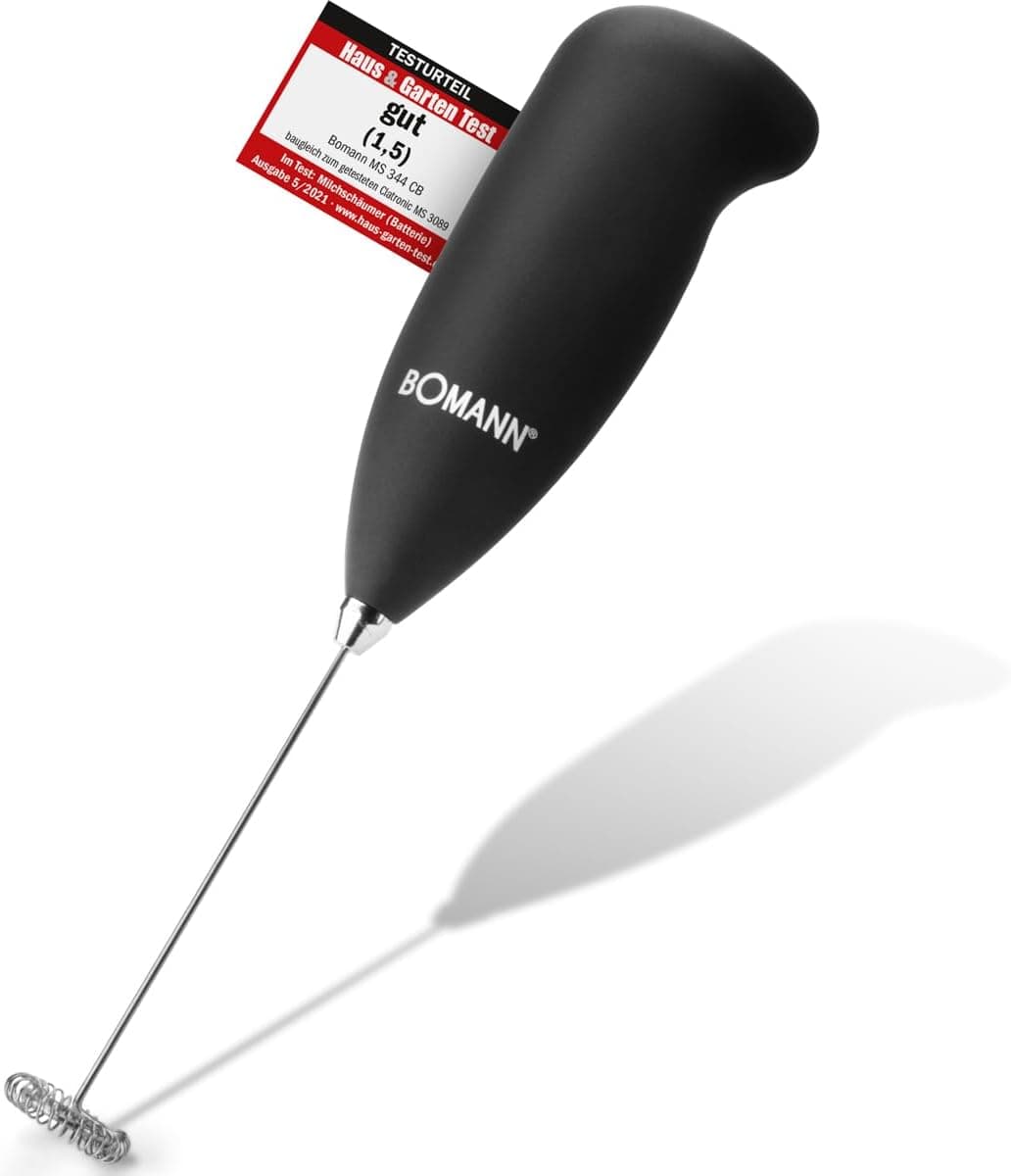 Bomann MS 344 Espumador de leite, funciona com 2 pilhas AA, aço inoxidável, preto