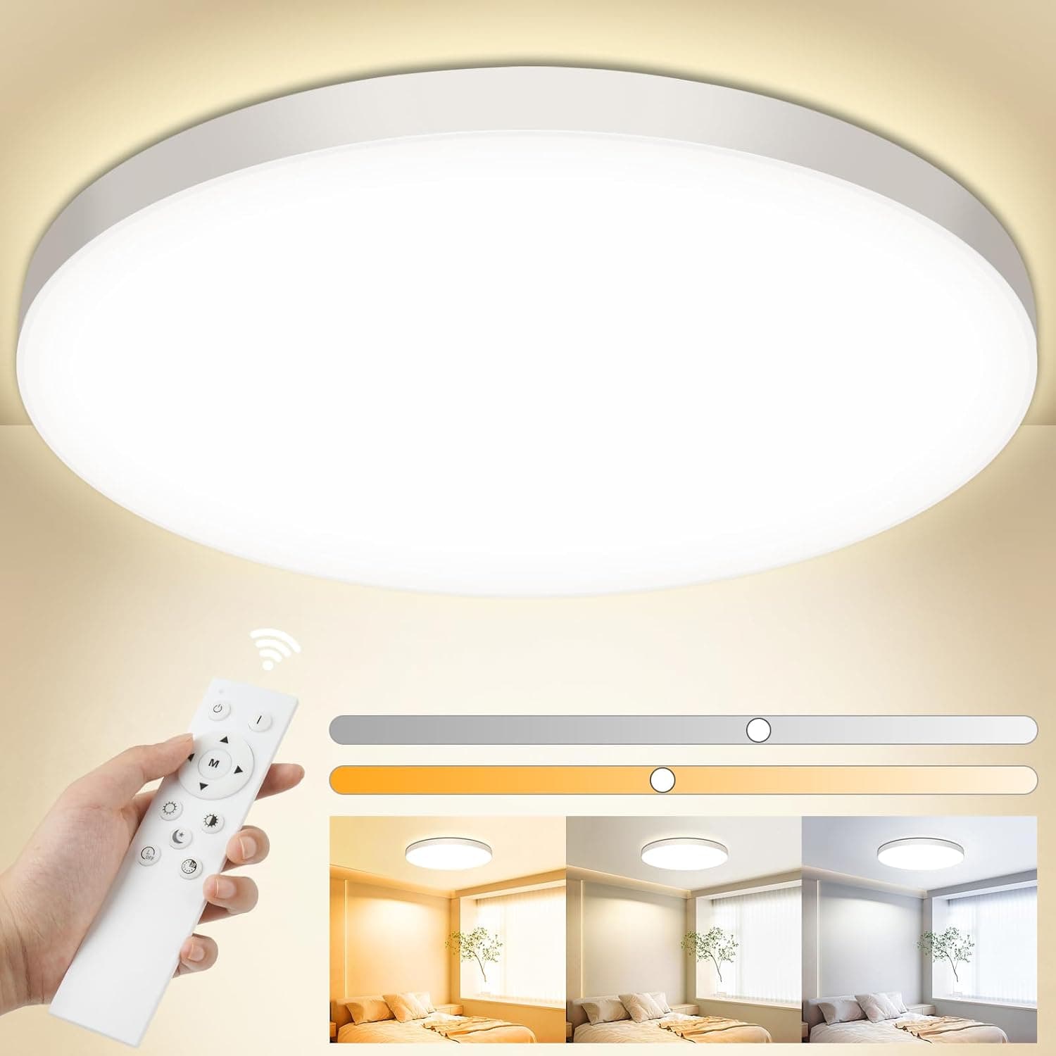 OUILA Plafon LED teto regulável, 24 W 3000 K-6500 K candeeiro com controlo remoto, 2000LM IP44 candeeiro para quarto cozinha sala de estar casa de banho sala de jantar corredor Ø 28 cm