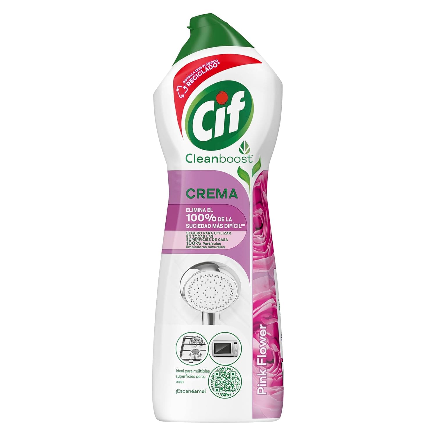 CIF Creme de limpeza cor-de-rosa, potente limpador de superfícies multiusos casa de banho e cozinha, com fórmula partículas de limpeza 100% naturais, elimina 100% da sujidade mais difícil. 650 ml