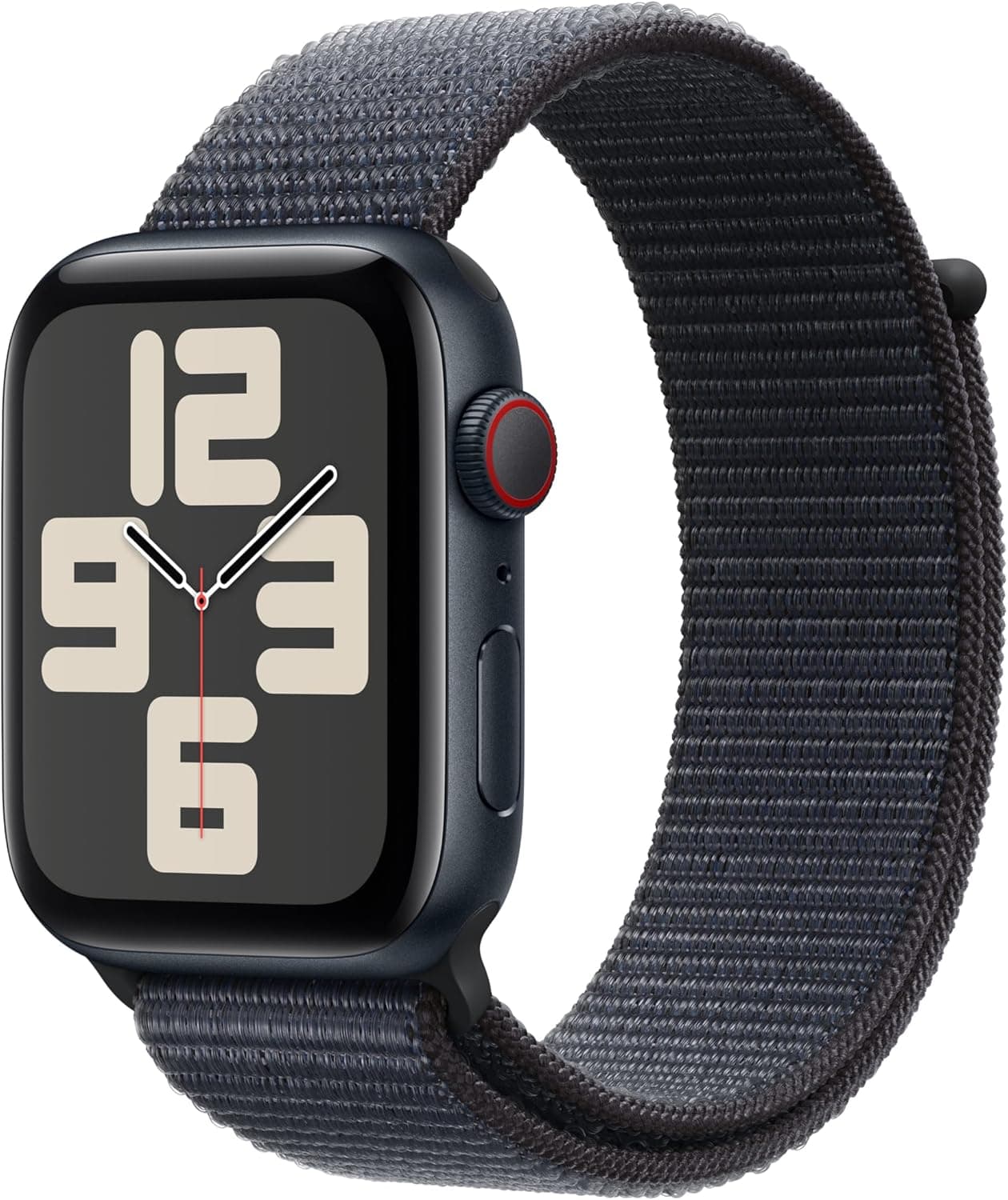 Apple Watch SE de 2.ª geração GPS + Cellular Smartwatch com caixa de alumínio em meia noite de 44 mm e correia desportiva Loop tinta. Monitores de treino e sono e neutro em carbono