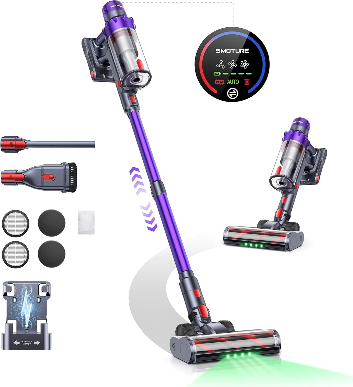 VAC02 Aspirador sem cabo de 550 W/45 KPA/60 Min, modo automático, escova anti-embaciamento e luz verde, aspirador vertical potente, ecrã táctil LED inteligente