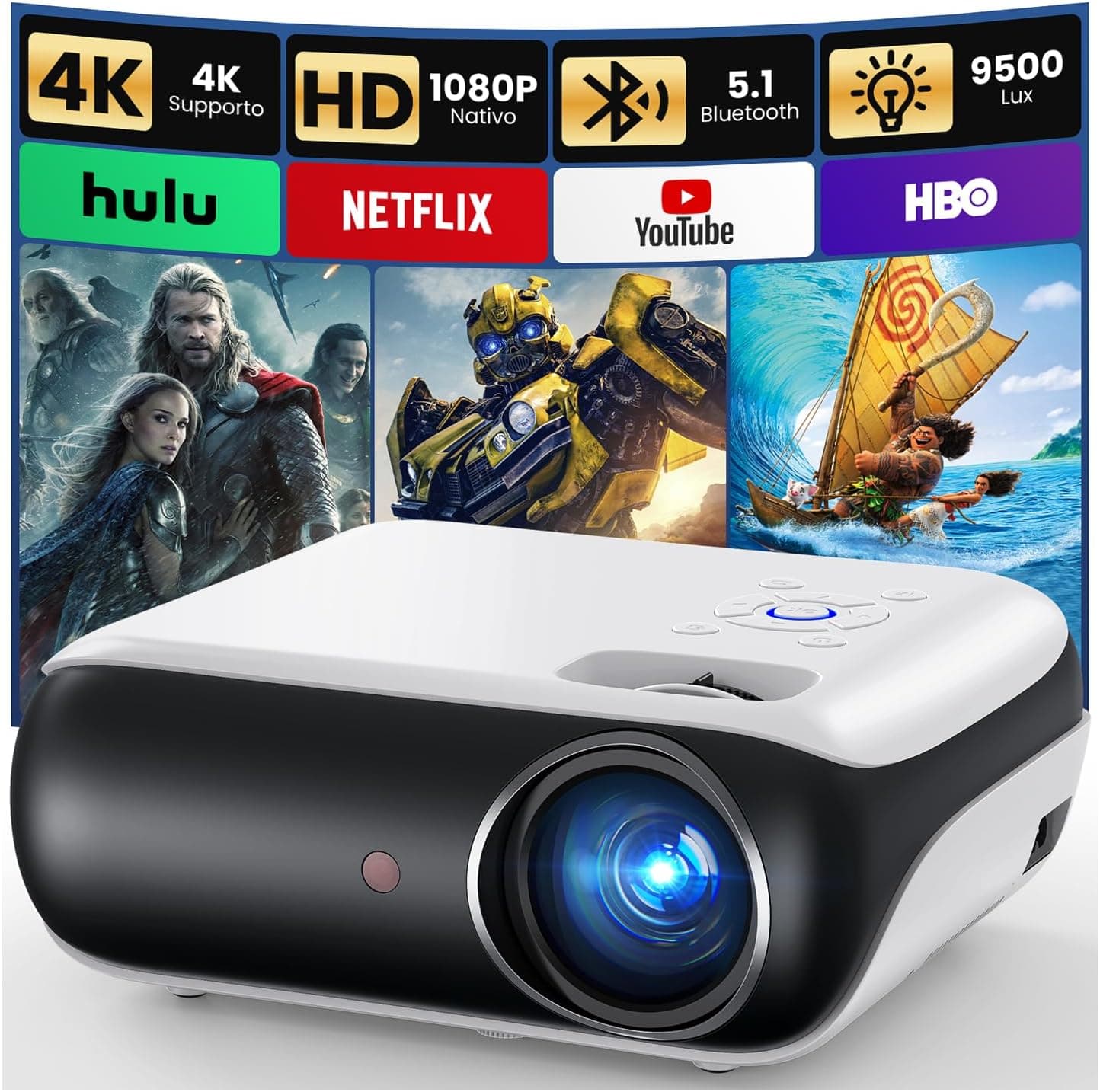 Mini projetor 4K, 2025 atualizado projetor portátil 1080P nativo Bluetooth 5.1 para exteriores, compatível com TV Stick, smartphone, portátil, HDMI, USB