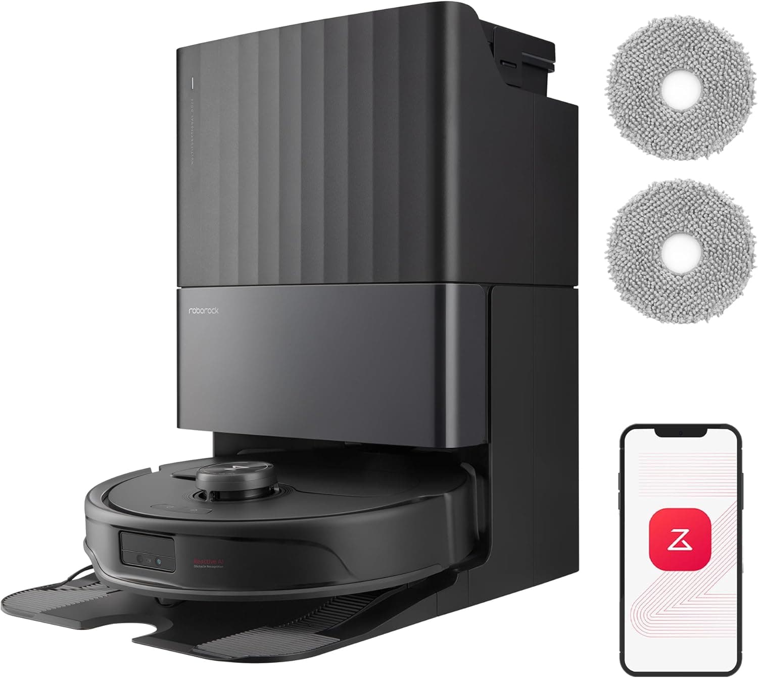 roborock Qrevo Master Set Robot aspirador de pó 10000 Pa, escova DuoRoller, FlexiArm Design™, HyperForce®, base multifuncional de 3.0, água quente a 60 ° C, além de 2 panos de limpeza, preto