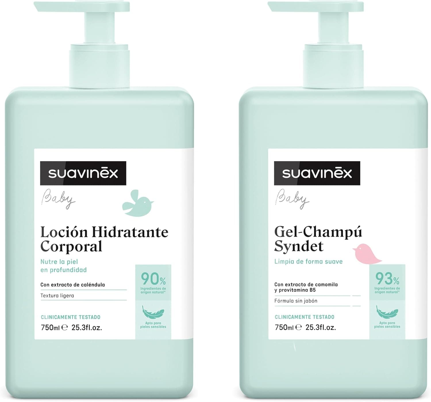 Suavinex, Pack bebé com gel - champô Syndet para pele e cabelo, sem sabão, 750 ml loção hidratante corporal 750 ml, adequado peles sensíveis e recém-nascidos, com 90% - 93% ingredientes origem natural