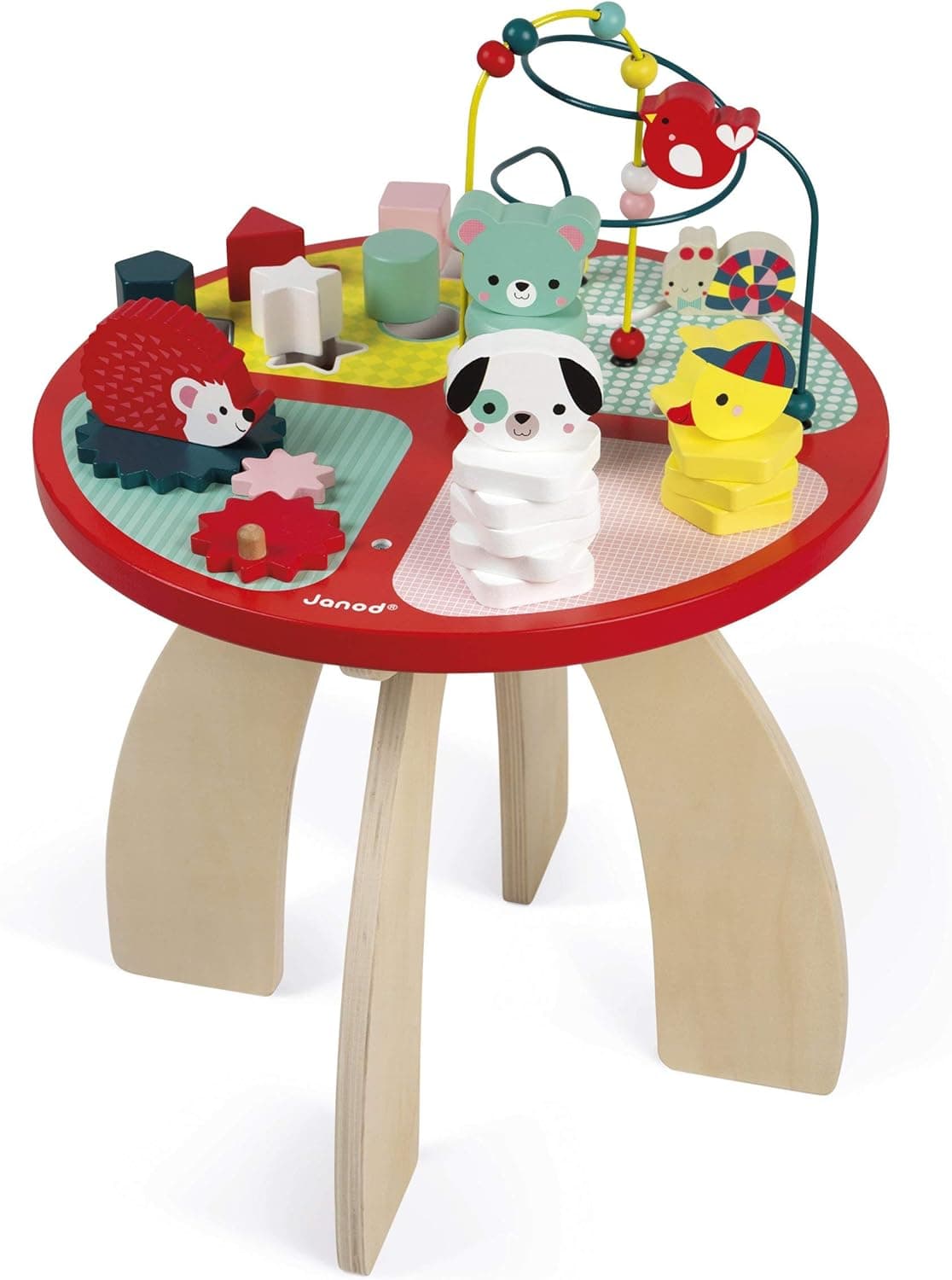 Janod - Mesa de atividades em madeira Baby Forest - brinquedo grande para nidificação, empilhar, manusear - com labirinto, ábaco, engrenagens e 3 animais de madeira - a partir de 1 ano, J08018