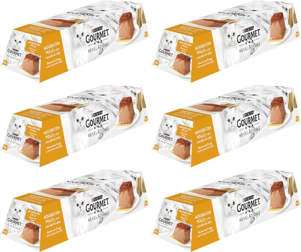 GOURMET Revelations, comida húmida para gato adulto, mousse com molho de frango, 6 pacotes de 4 pirâmides de 57 g (24 pirâmides)