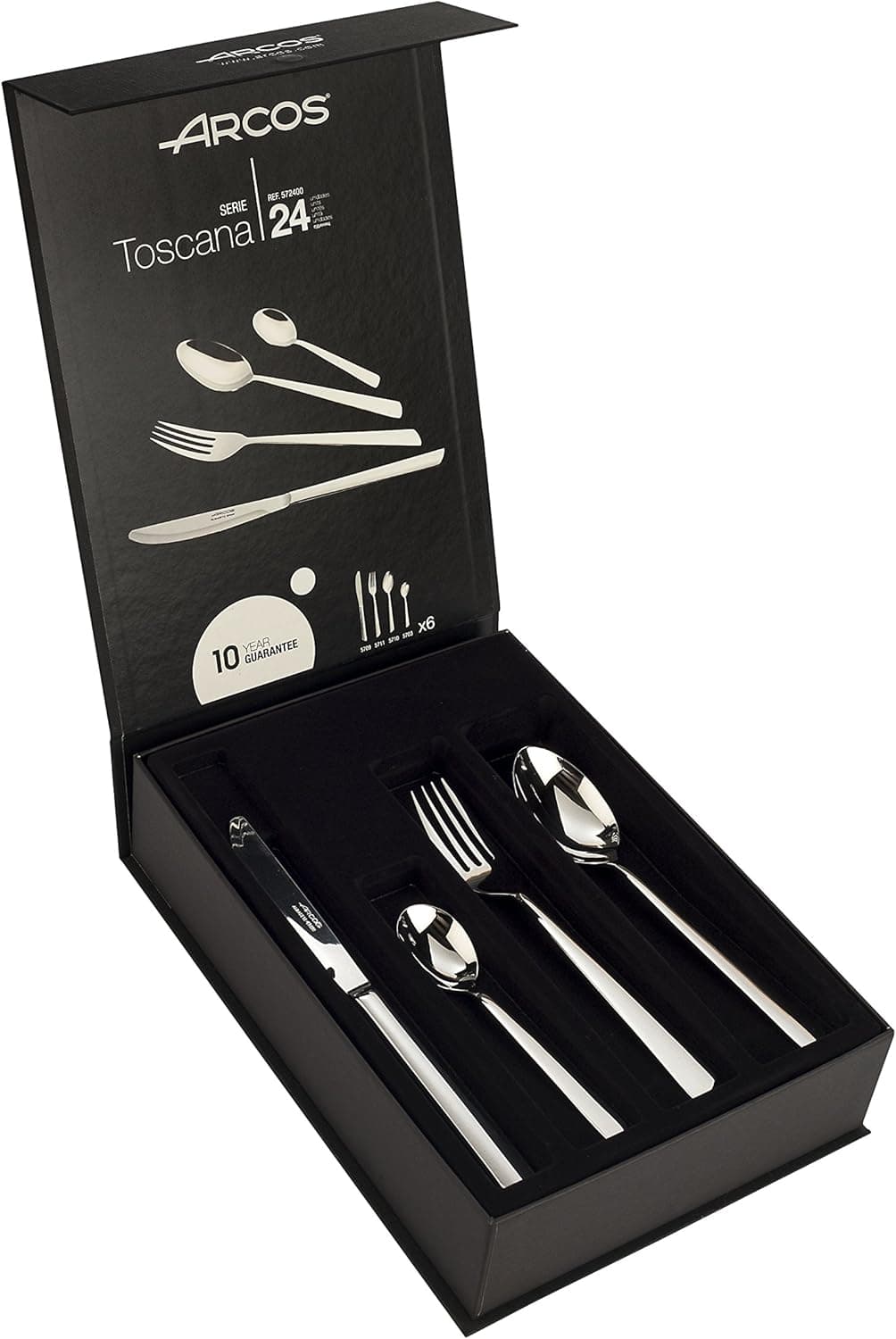 Arcos Conjunto de talheres de 24 peças para mesa. Talheres completas para 6 pessoas. Conjunto de 6 colheres, 6 facas, 6 garfos e 6 colheres de sobremesa. Série toscana. Cor prateada