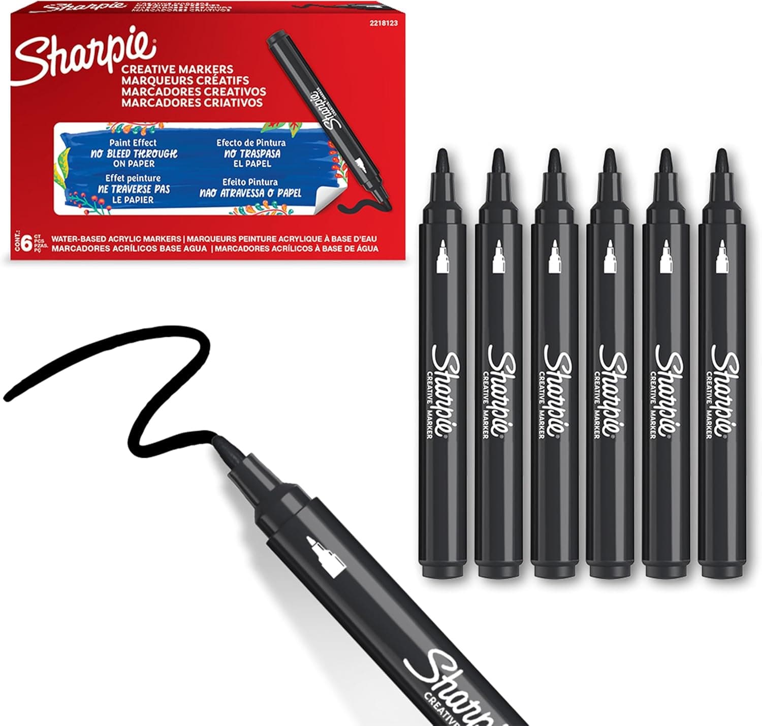 Marcadores acrílicos criativos da Sharpie | Marcadores de água com ponta de bala, tinta sem borrões, escreva na maioria das superfícies, material escolar, preto, 6 peças