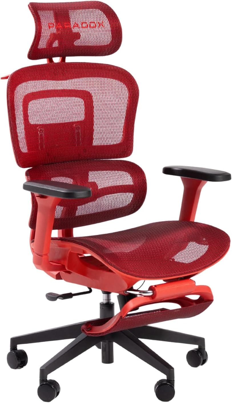 PARADOX - Ergo One Cadeira ergonómica de escritório, cadeira de jogos com apoio para os pés, até 120 kg, para altura 165-195 cm, com suporte lombar, encosto de malha, ajustável - vermelho