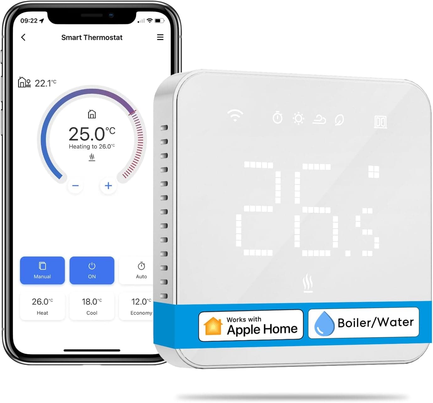 Meross Termostato inteligente com Wi-Fi para caldeiras, termóstato de aquecimento de parede para caldeiras de gás / água, compatível com Apple HomeKit, Alexa, Google Assistant, ecrã digital tátil LED