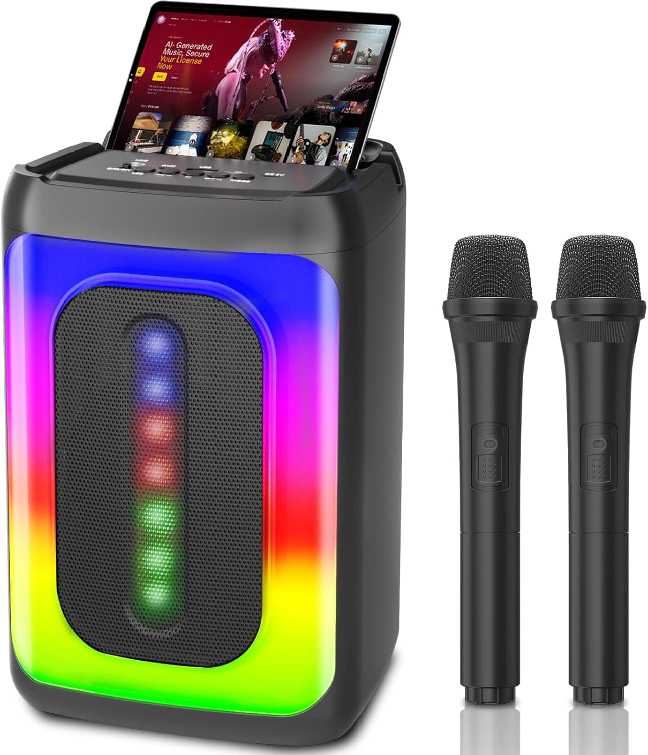 Ankuka Máquina de karaoke com 2 microfones, altifalante Bluetooth portátil com luzes LED, TF/USB, FM, AUX, TWS para festas e adultos, presente para amigos e familiares (preto)