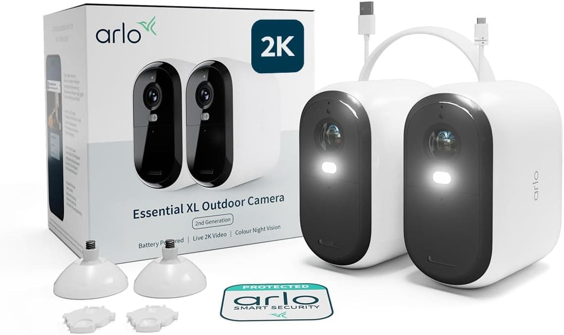 Arlo Essential 2 XL câmara de vigilância Wi-Fi exterior 2 K, câmara de vigilância WiFi interior, bateria de 24 meses, sensor de movimento, alarme para casa, teste de arco seguro incluído, 2 câmaras
