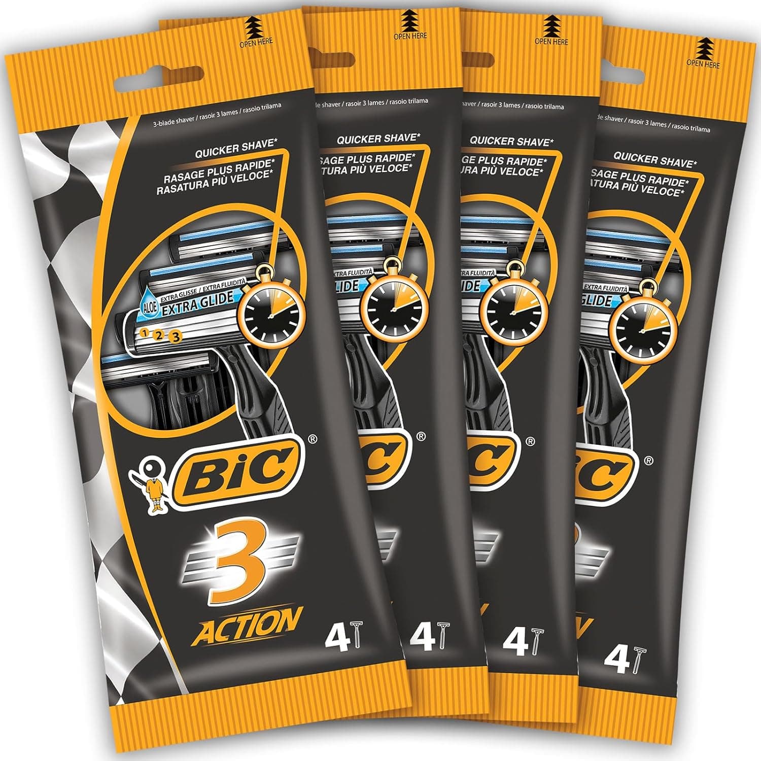 BIC 3 Ação máquinas de barbear descartáveis para homem, para uma barbear rápida e rápida, 4 embalagens de 4 lâminas