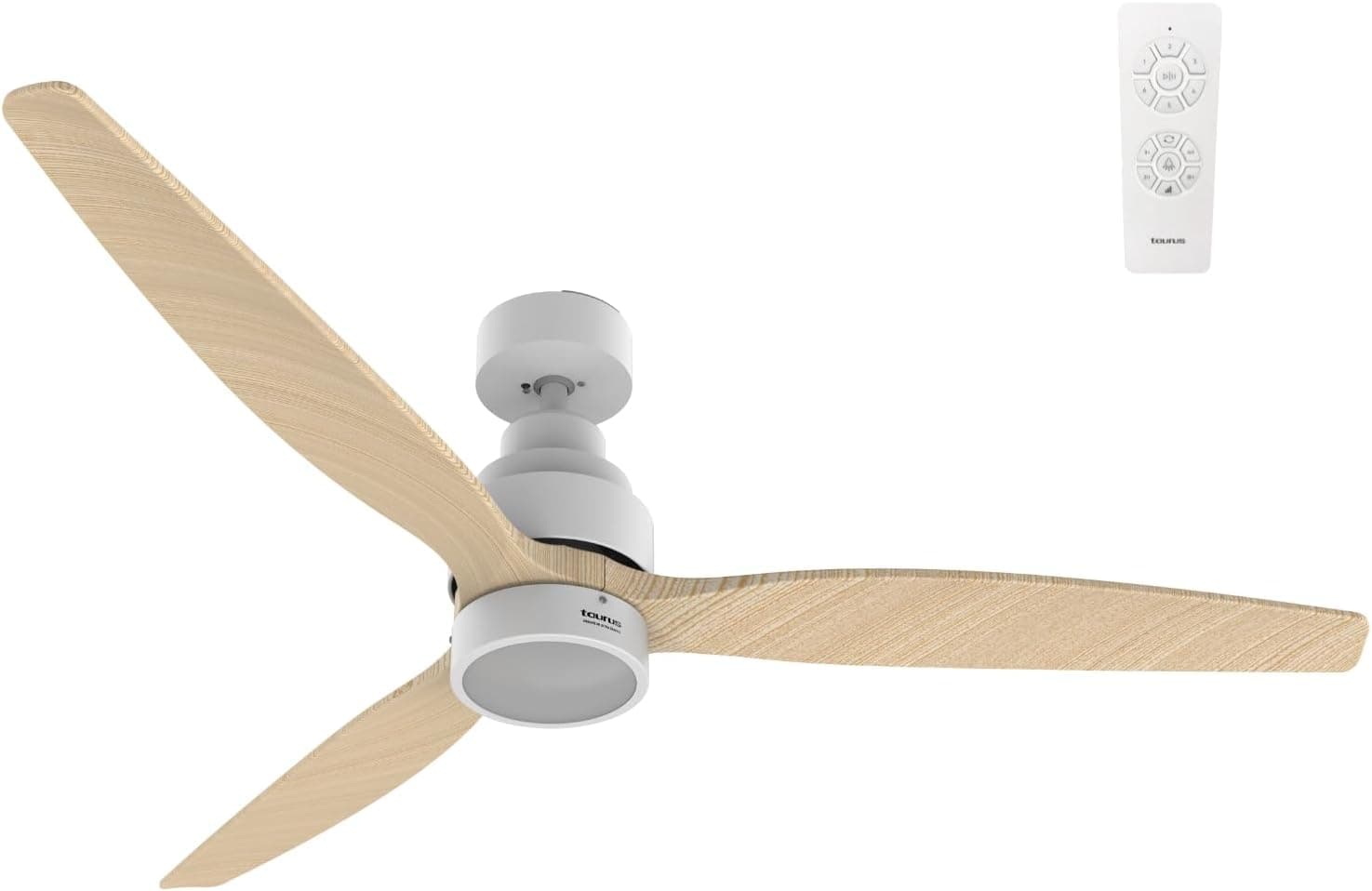 Taurus Fresco Ultra Silence - ventilador de teto com luz LED de 24 W, ventilador de teto ultra silencioso com motor DC 30 W, ventilador com 6 velocidades, 3 pás de madeira, programável com comando.