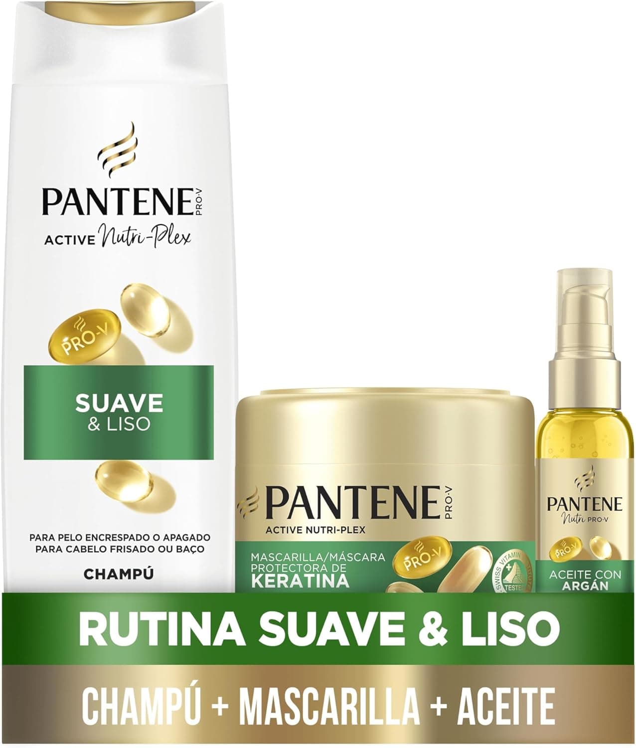 Pantene Pro-V Shampoo macio e liso de 325 ml, máscara de 300 ml, óleo de 100 ml para cabelo crespado e desligado. Limpeza suave