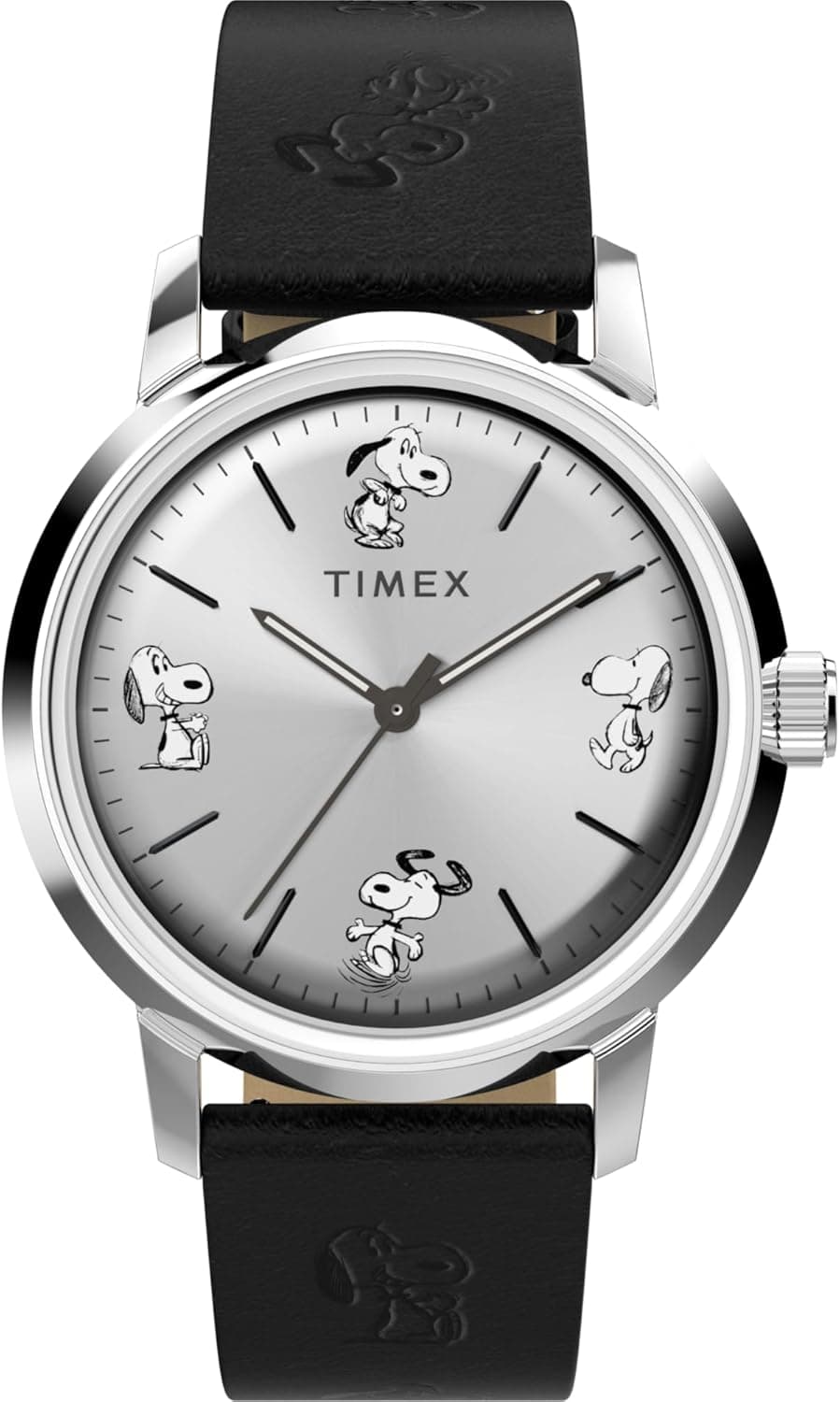Timex Peanuts Automatic Relógio de 40 mm para homem, bracelete de libertação rápida de duas peças de couro preto, mostrador prateado, caixa de aço inoxidável TW2W54000