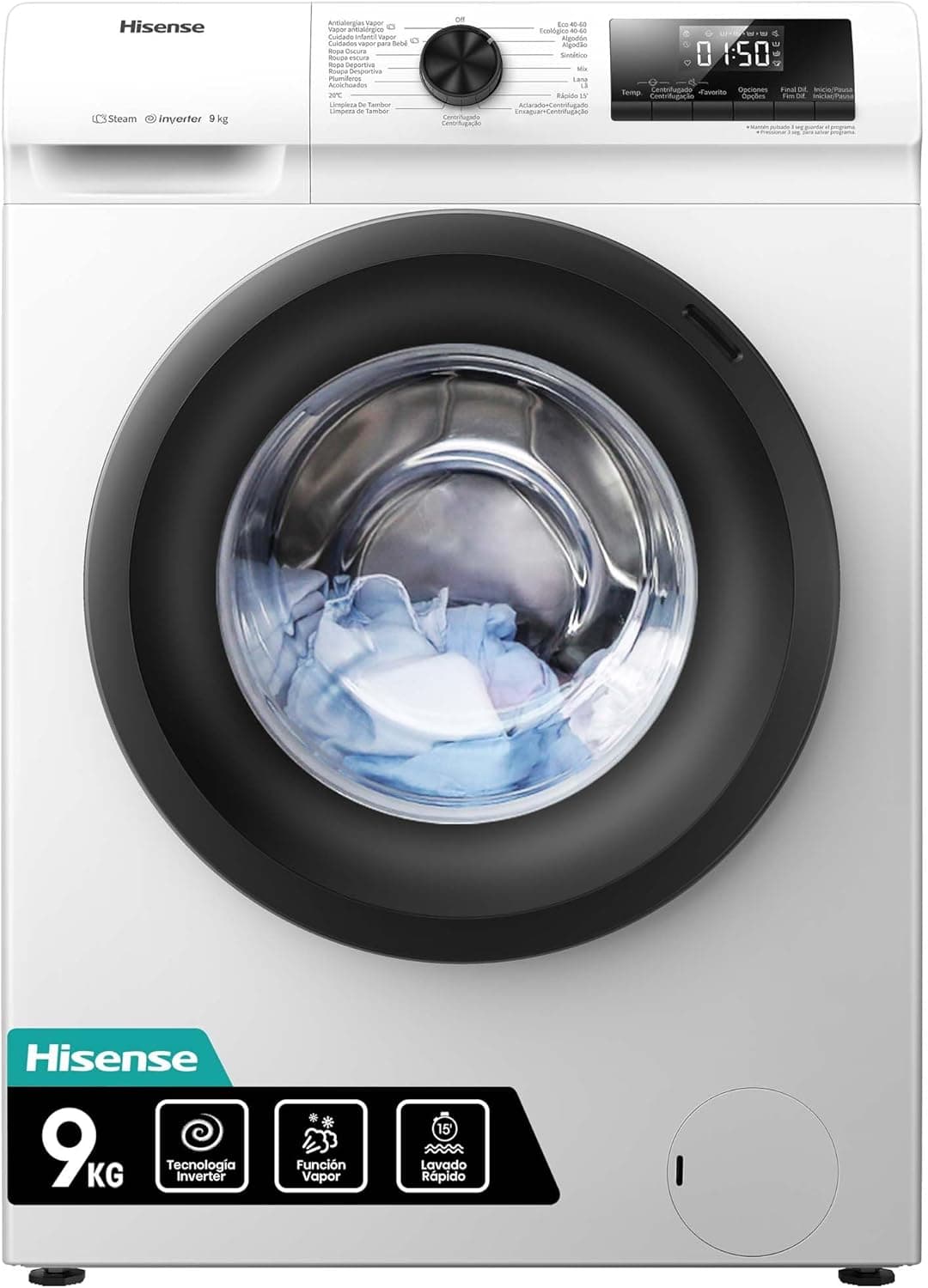 Hisense WFQP901418VM | Máquina de lavar roupa com vapor de 9 kg, 1400 rpm, porta XL e display LED