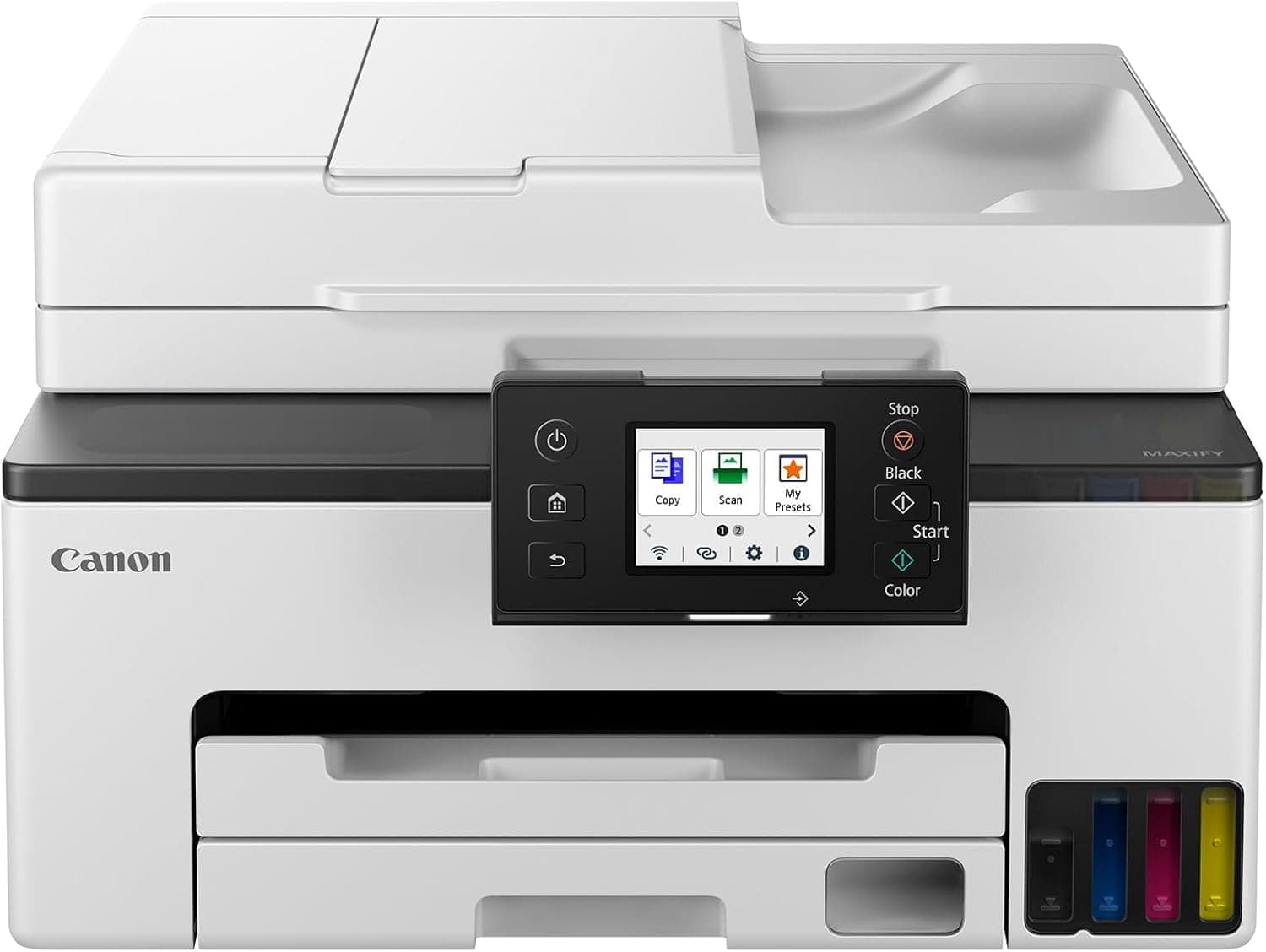 Canon Maxify GX2050 Megatank, impressora compacta multifuncional 4 em 1, sistema de jato de tinta, reservatórios de tinta preenchíveis, ecrã LCD, ADF de 35 folhas, impressão de alta velocidade, branco