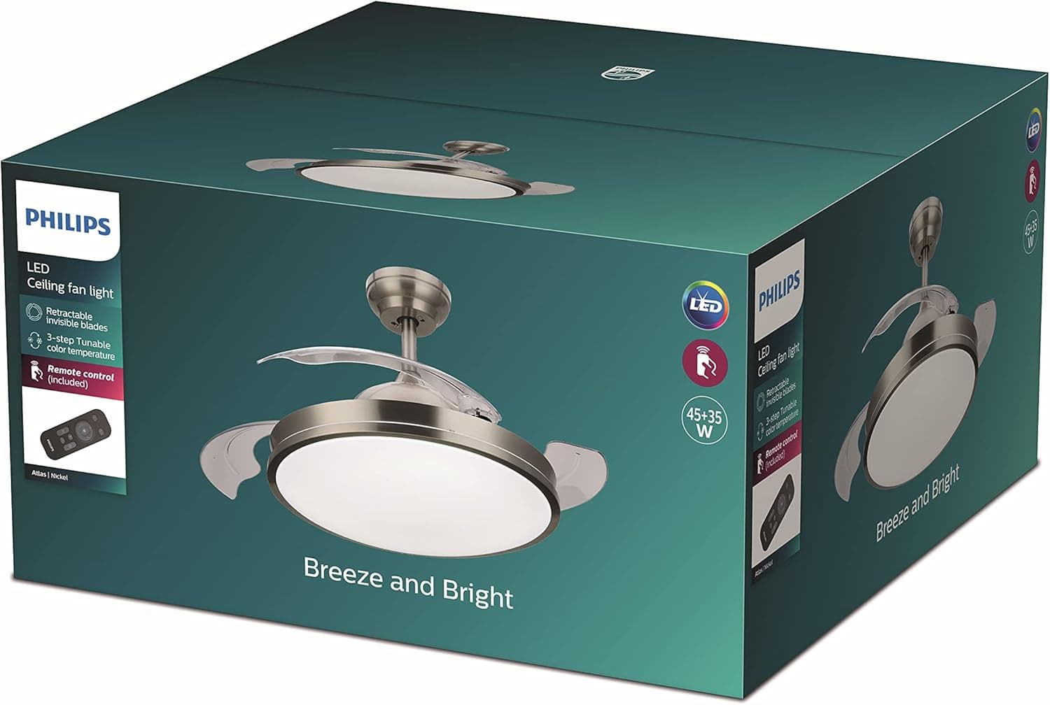 Philips Atlas Ventoinha de teto com luz LED incorporada (28 W) e comando, motor DC 35 W (economia de energia), luz branca quente a frio (3000-5500 K), diâmetro 480 mm, cor níquel