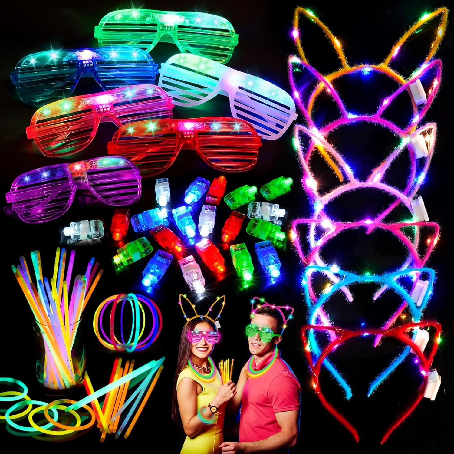 Brinquedos de iluminação LED 82 peças brinquedos de festa com 50 pulseiras luminosas fluorescentes 20 luzes de dedo 6 óculos luminosos LED 6 diadema com luz para aniversário concerto Natal Halloween