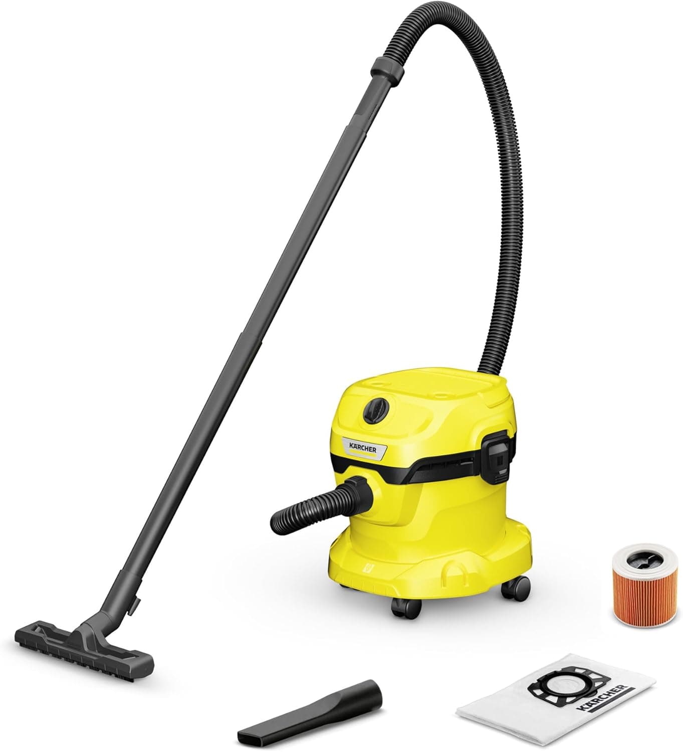 Kärcher, Aspirador a seco e húmido WD 2 Plus V-12/4/18/C, potência de 1000 W, inclui filtros e para chão e ranhuras, Yellow/Black, reservatório de plástico de 12 l, mangueira de sucção de 1,8 m