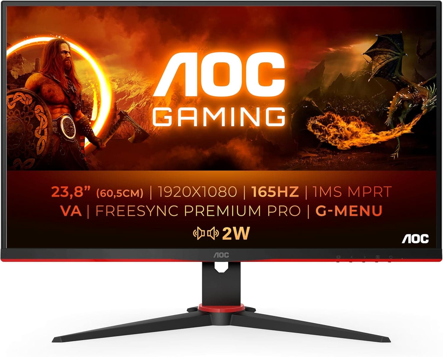 AOC Monitor Gaming FreeSync Premium, FlickerFree, Low Blue Lig, 165Hz, 4 ms, VA, FreeSync Premium, FlickerFree, Low Blue Light, ajustável em altura, 1920 x 1080, 350 cd/m, HDMI 2 X1.2)