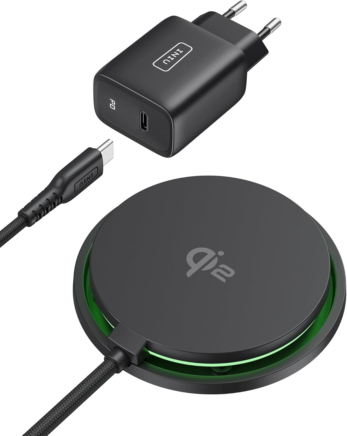 INIU Carregador sem fios, base de carregamento rápido de 15 W com fio Qi2 compatível com mag-Safe, carregador Sem Fios para iPhone 16 Pro 15 14 13 12 Plus, com cabo USB-C e adaptador incluídos